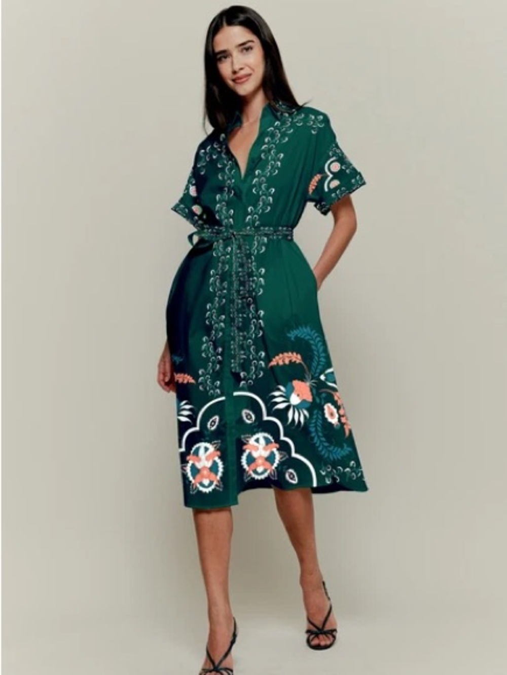 Tucker Emerald Green Floral-Print Midi Shirt Dress
